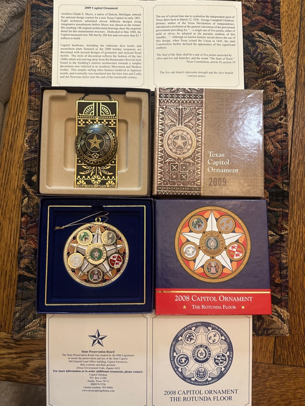 Texas Capitol Ornament Set with Boxes - Gold and Navy Accents